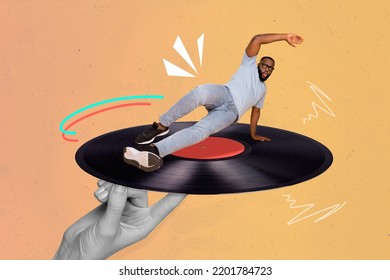 Creative Trend Collage Of Millennial Energetic Man Dancing Battle Breakdance Big Vinyl Party Have Fun Hard Isolated Drawing Background