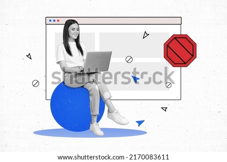 Creative trend collage of millennial lady text friend using web window search info isolated paint mail background