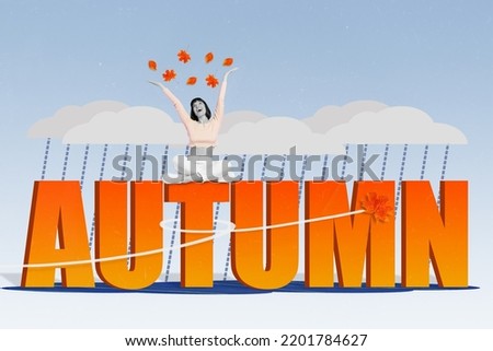 Creative trend collage of millennial lady excited positive smiling woman raising hands throw up fall leaves sitting autumn text inscription