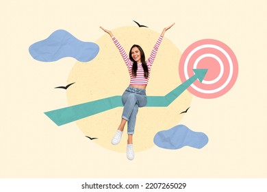 Creative trend collage of millennial young lady sitting statistics arrow hit target successful businesswoman manager happy worker employee