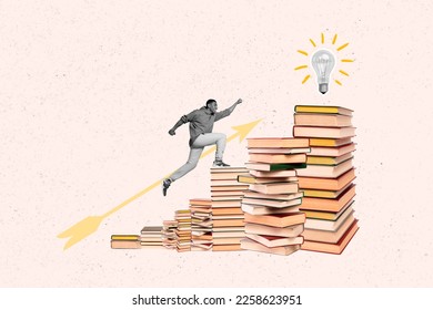 Creative trend collage of running up ambitious energetic student guy book reader electric bulb brilliant idea progress success sketch - Shutterstock ID 2258623951