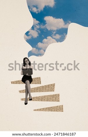 Creative trend collage of working female office manager dream sky netbook stairs news ladder weird freak bizarre unusual fantasy