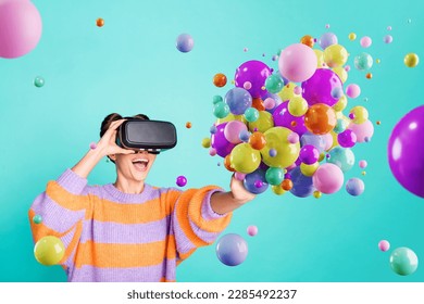Creative trend pop digital collage of amazed young lady innovative high tech concept touch realistic water fluid sphere