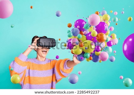 Creative trend pop digital collage of amazed young lady innovative high tech concept touch realistic water fluid sphere