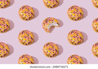 Creative trendy pattern made of sweet cookies on pastel pink background. Minimal colorful biscuits concept. Yummy sweet food pattern background idea. Biscuits aesthetic.