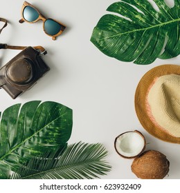 Creative  Tropical Summer Travel Layout. Flat Lay.  Vacation Concept.