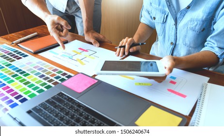 Creative UI Designer Teamwork Meeting Planning Designing Wireframe Layout  Application Development Mockup On Smartphone Screen For Web Mobile Phone Technology 