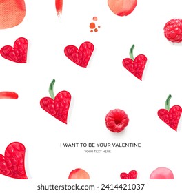 Creative valentine's card made of raspberry in form of hearts on the white background. Flat lay. Food concept. Macro concept.