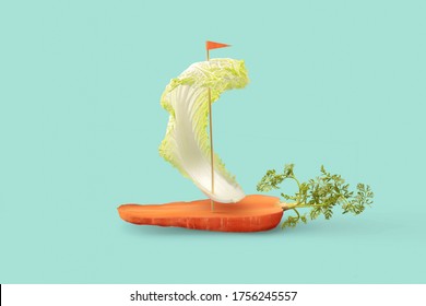 Creative vegetarian boat handmade from fresh natural organic vegetables carrot and leaf of bok choy on a pastel turquoise background, copy space.