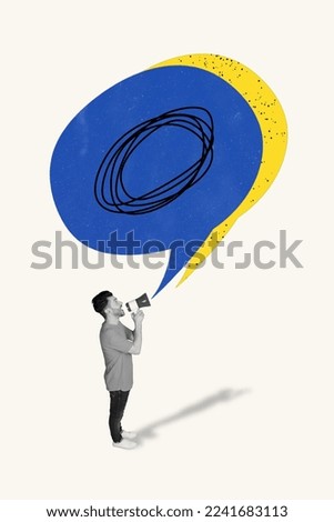 Creative vertical artwork collage photo of young miniature guy hold loudspeaker talk copyspace chatterbox announcement isolated on white background