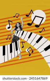 Creative vertical collage dancing charming woman nightparty music instrument keys piano motion rhythm notes drawing background