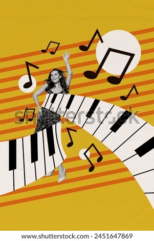 Creative vertical collage dancing charming woman nightparty music instrument keys piano motion rhythm notes drawing background