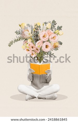 Creative vertical collage headless young woman reader tulip bouquet bunch instead head reading book novel story diary drawing background