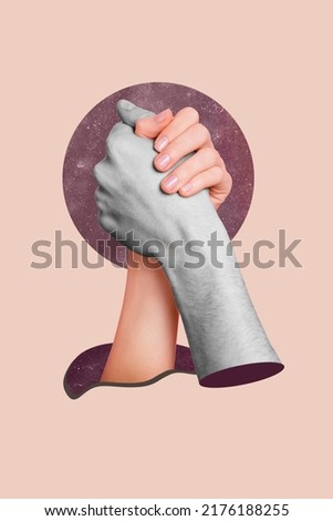 Creative vertical collage illustration of two people arms holding girl guy black white colors isolated on drawing background
