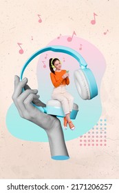 Creative vertical collage image of huge arm hold small girl sit headphones listen music use telephone painted melody background - Shutterstock ID 2171206257