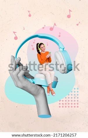 Creative vertical collage image of huge arm hold small girl sit headphones listen music use telephone painted melody background