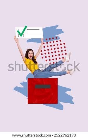 Creative vertical collage image young cheerful girl voter bulletin checkbox tick done completed decided container election campaign