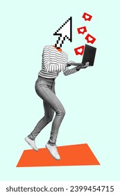 Creative vertical collage jumping headless woman mouse arrow instead face browsing laptop get likes reaction blogging social media