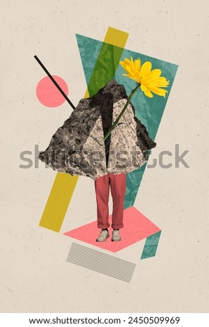 Creative vertical collage picture headless standing person legs rock stone fragment piece flower yellow daisy flourish drawing background