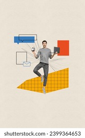 Creative vertical collage standing one leg pose young man successful manager business control hold laptop clock alarm