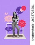 Creative vertical image collage of happy girl stand laptop device social network communication letter bell notification bubble