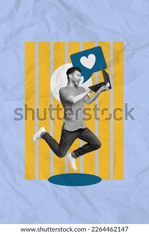 Creative vertical photo poster collage design young funky blogger guy click like netbook enjoy new youtube video isolated on blue color background