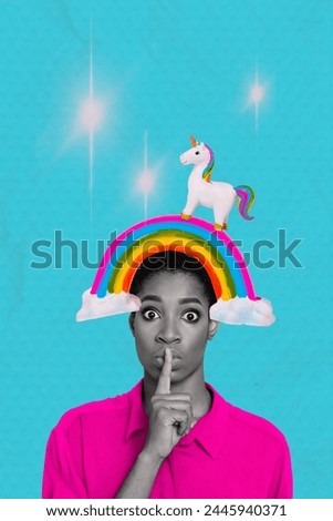 Creative vertical picture collage young frustrated scared woman colorful rainbow pony horse surreal dream imagination concept