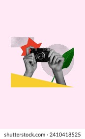 Creative vertical picture photo collage black white hands hold camera take photo filming outside enviroment nature white background