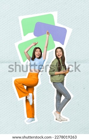 Creative vertical template advertisement collage of two young girls communicating new whatsapp messenger update app isolated on blue background
