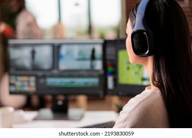 Creative Videographer Editing Movie Footage At Home, Using Professional Effects Software. Content Creator Working On Multimedia Montage With App And Audio, Post Production Film.