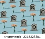 Creative vintage pattern made of pink flowers and old clock on pastel blue background. Minimal flowers and clock concept. Vintage background idea.