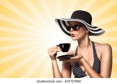 A Creative Vintage Photo Of A Beautiful Pin-up Girl Drinking Tea And Showing Good Table Manners On Colorful Abstract Cartoon Style Background.