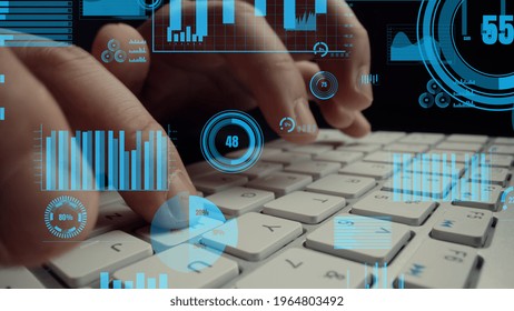 Creative visual of business big data and finance analysis on computer showing concept of statistical investment decision making methodology, fintech and financial engineering .