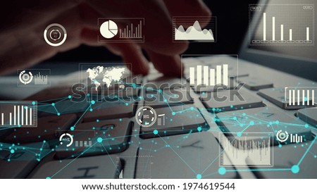 Creative visual of business big data and finance analysis on computer showing concept of statistical investment decision making methodology, fintech and financial engineering .