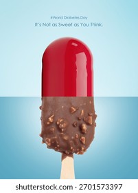 Creative Visual Concept for World Diabetes Day - Half  sweet chocolate Ice cream and Half Capsule. Sugar vs Medicine