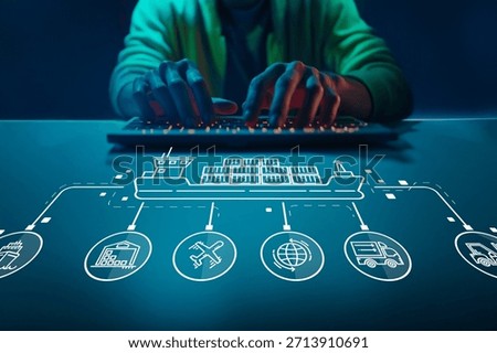 Creative visual representation of logistics management featuring hands on keyboard and ship icons, symbolizing modern technology in supply chain and transportation sectors.