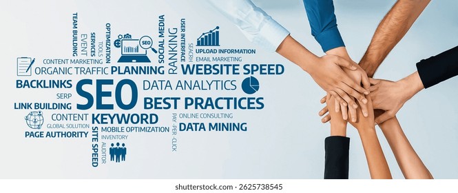 A creative visual representation of teamwork focused on SEO strategies, data analytics, and content marketing, highlighting essential elements for website optimization and growth. Amity