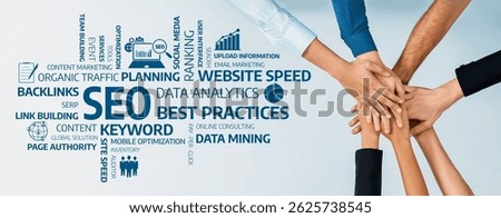 A creative visual representation of teamwork focused on SEO strategies, data analytics, and content marketing, highlighting essential elements for website optimization and growth. Amity