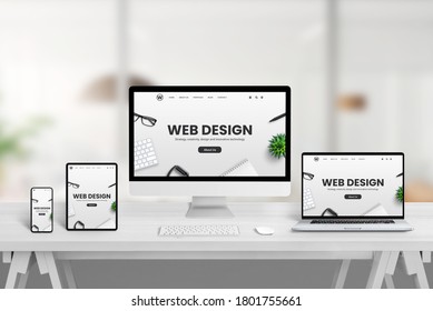 Creative Web Design Studio Desk With Different Devices And Responsive Web Page Concept On Device Screens. Modern Flat Web Site Design Concept