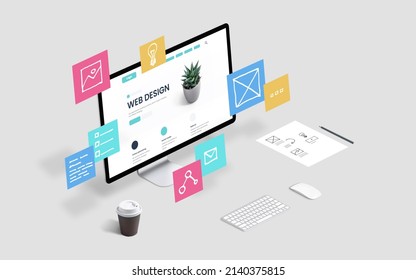Creative web design studio with flying web page layout elements concept - Shutterstock ID 2140375815