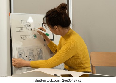 Creative web designer brainstorming app interface and designing digital templates in a modern workspace. UX UI development process in a professional tech environment.