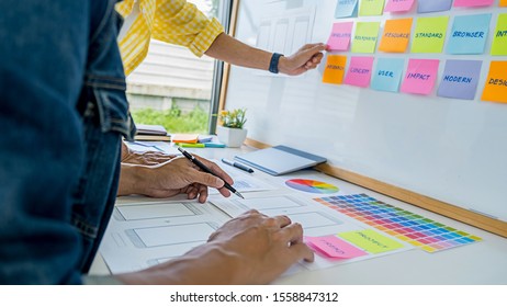 Creative Web Designer planning application and developing template layout, framework for mobile phone. User experience (UX) concept.