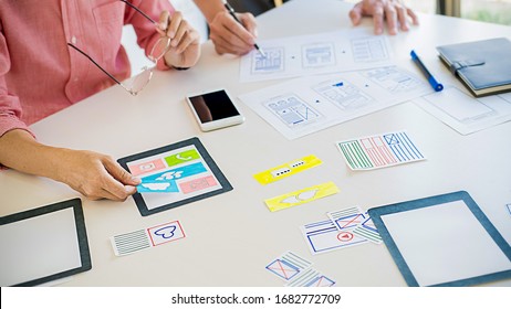 Creative Web Designer Planning Application And Developing Template Layout, Framework For Mobile Phone. User Experience (UX) Concept.