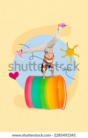 Creative weird collage of small kid hand stand on huge spiral toy practice gymnastic stunts on sport gym