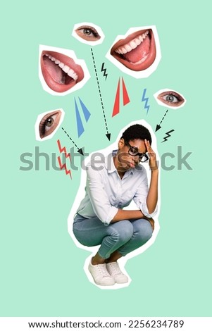 Creative weird collage of stressed unhappy businesswoman businessman suffer struggle company corporate bad climate abuse concept