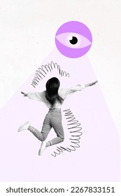 Creative weird magazine collage flying lady follow huge eyeball cyber security verification concept