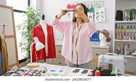 A creative woman designer taking a photo of her fashion sketches in a well-organized atelier. - Powered by Shutterstock