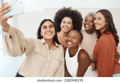 Creative woman, friends and smile for selfie, profile picture or social media business at office. Happy, friendly or diverse group of women smiling for photo, vlog or online post at workplace startup - Powered by Shutterstock