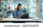 Creative, woman and laptop with celebration in office for campaign performance, website launch and good news. Digital marketer, employee and excited for email marketing success or company achievement