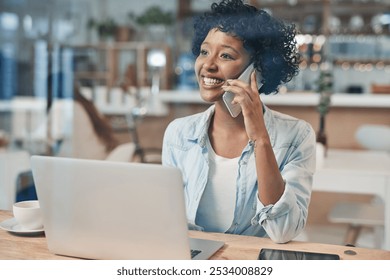 Creative woman, laptop and phone call smile in coffee shop meeting for startup, artist or small business agency. Happy, designer and art director for project proposal, planning or entrepreneur goals - Powered by Shutterstock